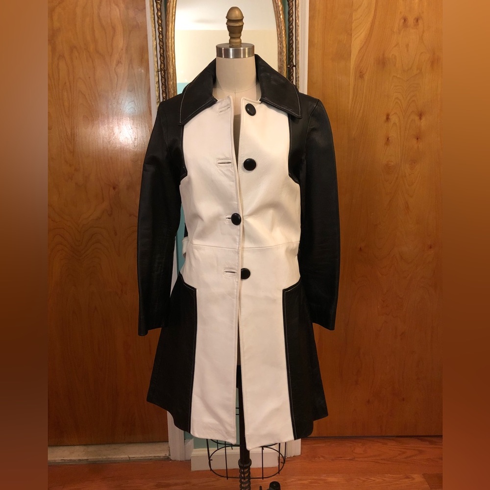 Custom built vintage black and white leather trench coat, Cruella DeVille style